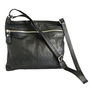 Margot Black Leather Crossbody Bag Slim Purse Adjustable Strap 13" x 11.5" x 2"
